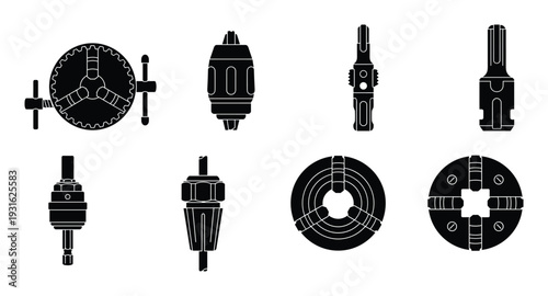 Set of various industrial lathe chucks and machine tool accessories on transparent background