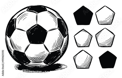 Soccer ball and pentagon shapes illustration
