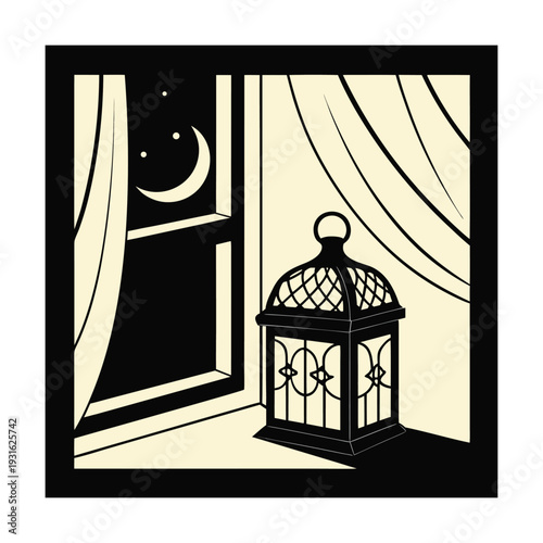A lantern on a window sill with a crescent moon in the background

