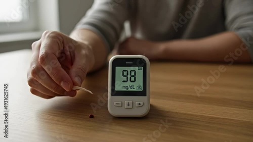 A person carefully uses a modern digital blood glucose meter to check their blood sugar levels, demonstrating routine health monitoring for effective diabetes management and personal wellness