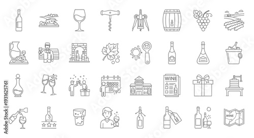 Wine and Beverage Outline Icons Collection, featuring bottles, glasses, grapes, and bar-related symbols on an isolated white background.