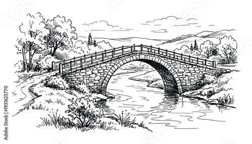 Stone arch bridge over river in rural landscape hand drawn vector