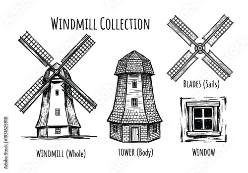 Windmill construction collection with whole building and separate parts vector