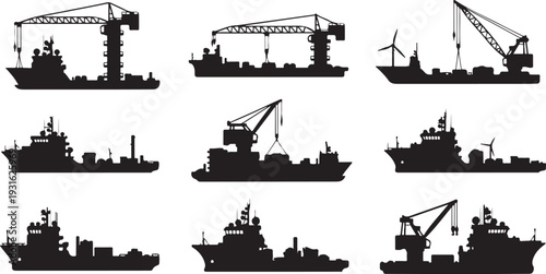 Silhouettes of various cargo ships and cranes at port