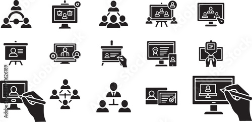 Black and white icons of online communication and teamwork