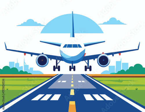 Airplane taking off on runway with city skyline in background