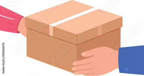 Hands exchanging a cardboard box for delivery or pickup