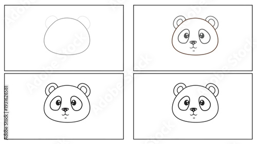 Cute Panda, 4 Panels Grid, Minimal Line Art, White Background