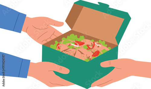 Hands holding green takeout box filled with fresh salad