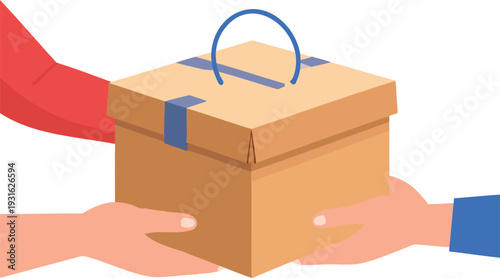 Hands exchanging a cardboard package with a blue handle and green accents