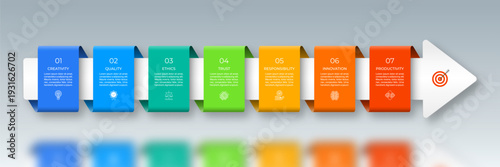 Infographic vector timeline template designed as a right-facing arrow with seven step-by-step color blocks for text, icons, and numbers. Suitable for for web, diagram, chart, graph, presentation.