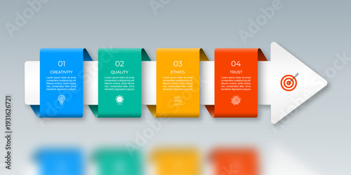 Infographic vector timeline template designed as a right-facing arrow with four step-by-step color blocks for text, icons, and numbers. Suitable for for web, diagram, chart, graph, presentation.