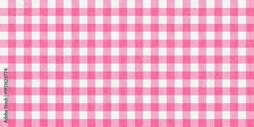 Seamless pink and white gingham pattern with realistic linen fabric texture. Classic checkered textile background for picnic, fashion, and summer designs.