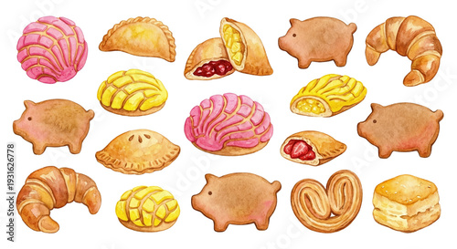 PNG cut out isolated background. This expansive watercolor illustration collection features a diverse range of international bakery goods.