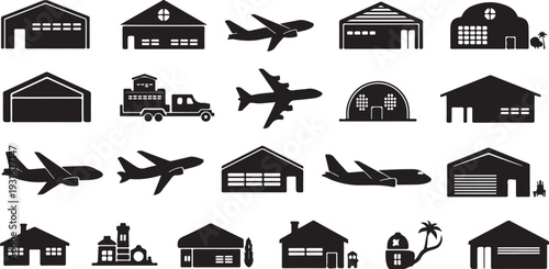 Airport and airplane icons with buildings and vehicles collection