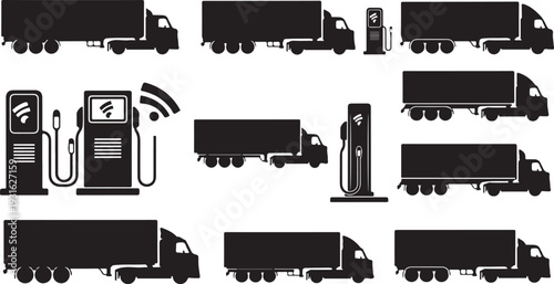 Black silhouettes of trucks and gas pumps on white