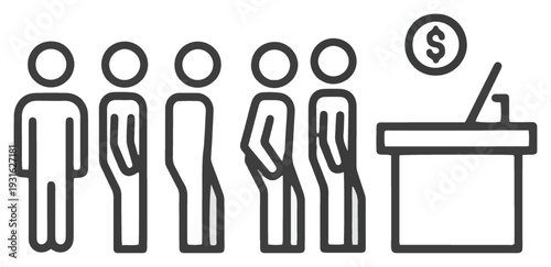 Business customers waiting in line at the checkout counter for payment or donation, minimal icon.