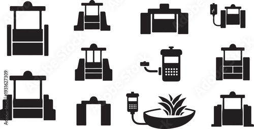 Black and white icons of 3D printers and devices