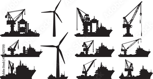 Industrial Silhouettes of Wind Turbines and Cargo Ships at Sea
