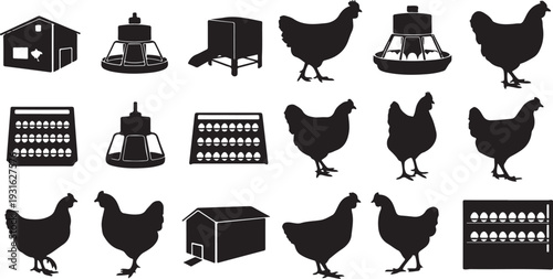 Black Chicken Farm Icons and Silhouettes on White Background