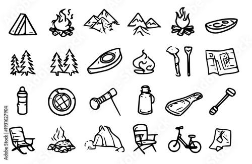 A set of camping icons in a minimalist line art style