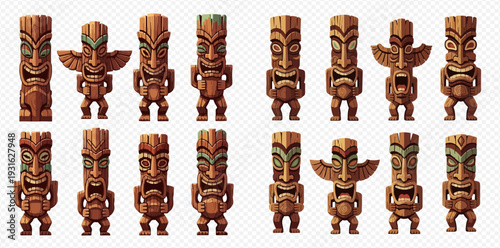 Set of traditional wooden tiki statues with various expressions and designs, isolated on a transparent background.