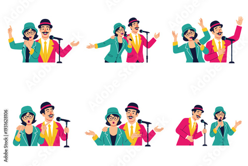 Singing duo performing on stage with microphones