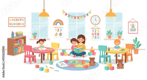 happy children playing in classroom with teacher