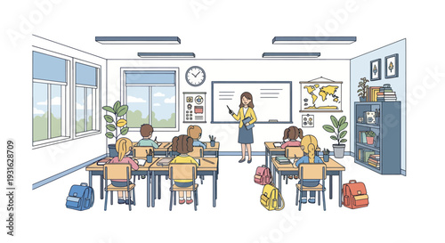 classroom scene with teacher and students