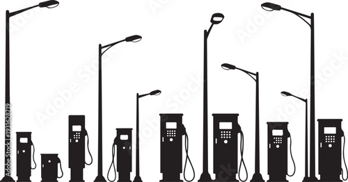 Gas Station Silhouette with Street Lights at Night Time