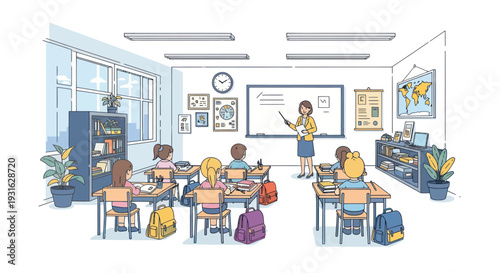 classroom scene with teacher and students