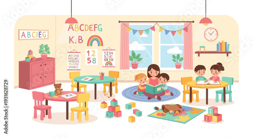 happy children playing in kindergarten classroom