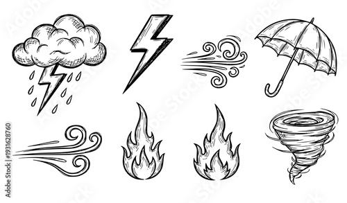 Hand Drawn Weather Elements Sketch Set Storm Cloud Lightning Tornado Vector