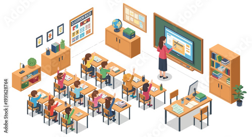 modern classroom with students and teacher