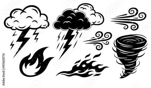 Doodle Style Weather and Natural Force Icons Storm Fire Tornado Vector