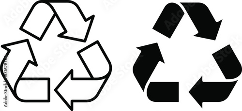 "Universal Recycling Symbol Set with Outline and Solid Fill Styles - Three Chasing Arrows Triangle Loop, Environmental Sustainability Icon, Green Eco Friendly Waste Reduction Vector Design Elements"