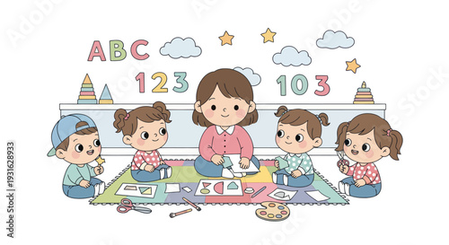 children learning alphabet and numbers with teacher