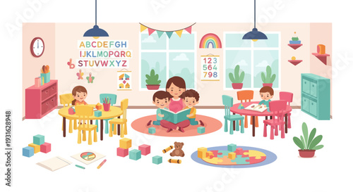 happy children in classroom with teacher reading book