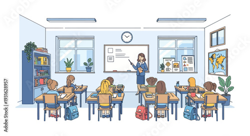 classroom scene with teacher and students