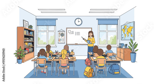 happy students in classroom with teacher