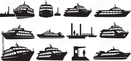 Collection of various ship silhouettes on white background illustration