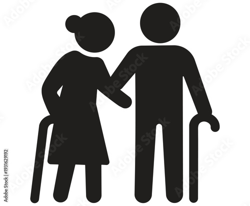 Senior couple walking with canes silhouette. Vector graphic representing aging, companionship, mutual support, and shared life experiences. Symbol for healthcare, community services, elderly care, and