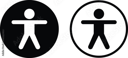 Simple Human Figure Accessibility Icon Set in Black and White Circular Symbol Design, Minimal Universal Person Sign Collection for Public Information, Interface Marking, Wayfinding