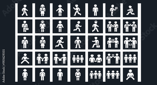 Collection of white human figures engaging in various sports and activities on black background.