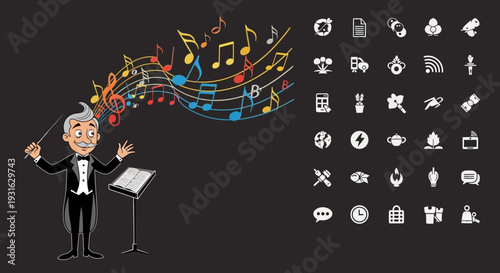 Conductor leading an orchestra with colorful music notes and various icons.