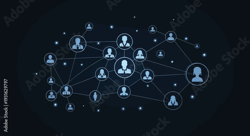 Network of interconnected people icons on dark background.