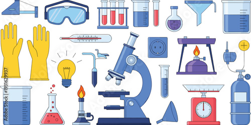 Laboratory equipment vector set with microscope beakers gloves and safety goggles chemistry experiment icons isolated design