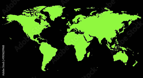 Glowing neon green world map on black background.
