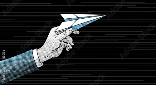 Hand holding a paper airplane against a striped background.