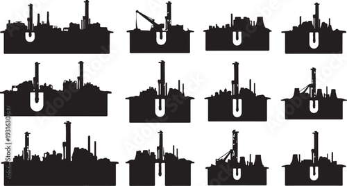 Industrial City Skyline Silhouettes with Crane and Factory Buildings
